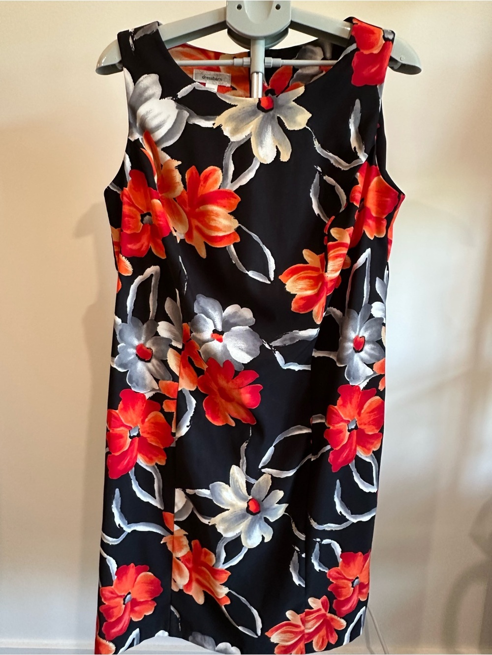 Dress Barn Black Midi Dress with Red, Orange & White Floral Pattern
